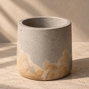 May include: A cylindrical concrete planter featuring a smooth grey upper section and a textured, mottled tan and beige lower section. The vessel has a thick rim and a hollow interior, showcasing a distinct colour-blocked design with natural variations.