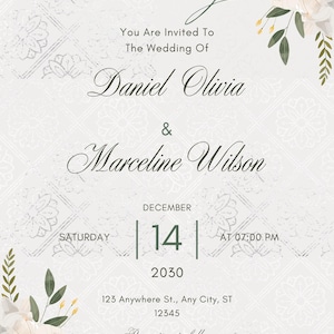 Peut inclure: Une carte d'invitation de mariage avec un fond gris clair et un motif de carreaux floraux blancs subtils. Le texte indique : wedding, You Are Invited To The Wedding Of Daniel Olivia & Marceline Wilson, Saturday December 14 2030 at 07:00 PM.
