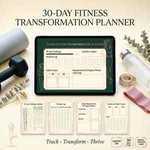 Peut inclure: Un planificateur de transformation fitness de 30 jours affiché sur un écran de tablette et quatre pages imprimées. Le planificateur comprend des sections pour un défi de 30 jours, un journal d'entraînement, un suivi nutritionnel et des mesures.