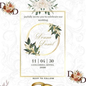 Peut inclure: Une carte d'invitation de mariage sur fond blanc avec un motif damassé subtil, ornée d'arrangements floraux à l'aquarelle dans des tons bordeaux, rose et crème. Elle affiche le texte Donna Daniel, 11 04 30, Concordia Hôtel, 20H00, et deux alliances dorées.