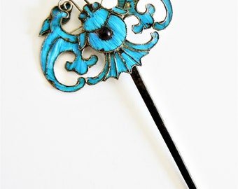 LARGE Qing Dynasty Kingfisher feather HairPin Chinese Tourmaline Tian-tsui 點翠 碧玺