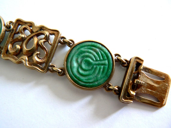 Art Deco french 14KT Gold Natural Jade Bracelet A… - image 4