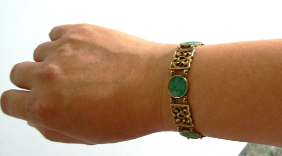 Art Deco french 14KT Gold Natural Jade Bracelet A… - image 6