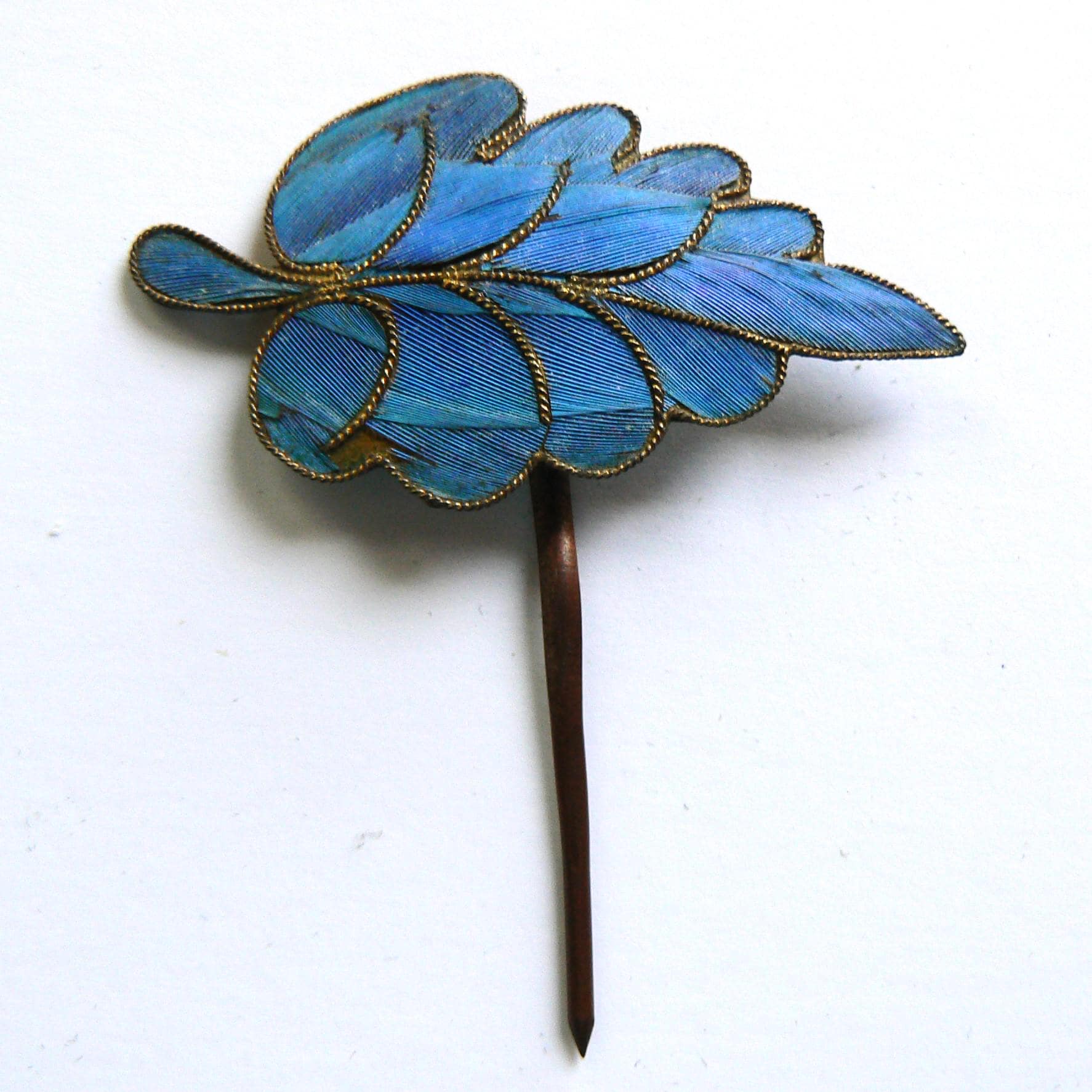 清朝のカワセミの羽のヘアピン中国のアンティークヴィンテージ天津點翠