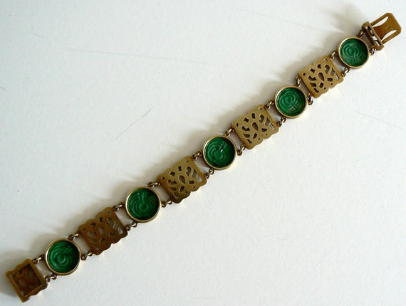 Art Deco french 14KT Gold Natural Jade Bracelet A… - image 5