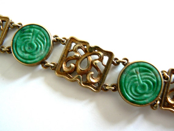 Art Deco french 14KT Gold Natural Jade Bracelet A… - image 3