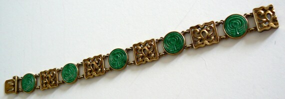 Art Deco french 14KT Gold Natural Jade Bracelet A… - image 2