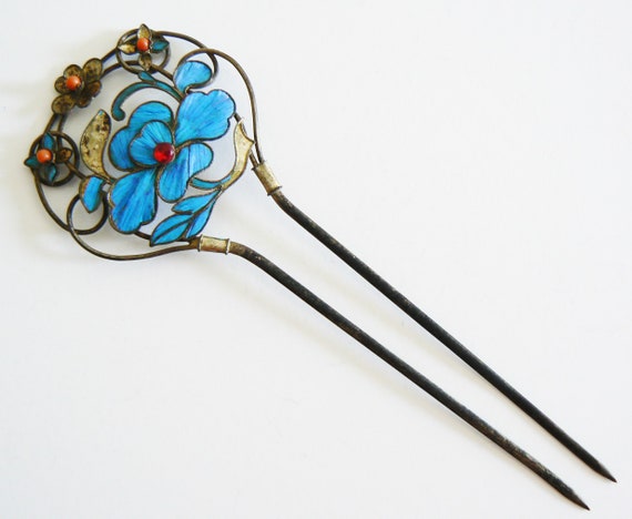 Large Qing Dynasty Kingfisher feather Hair Pin An… - image 2