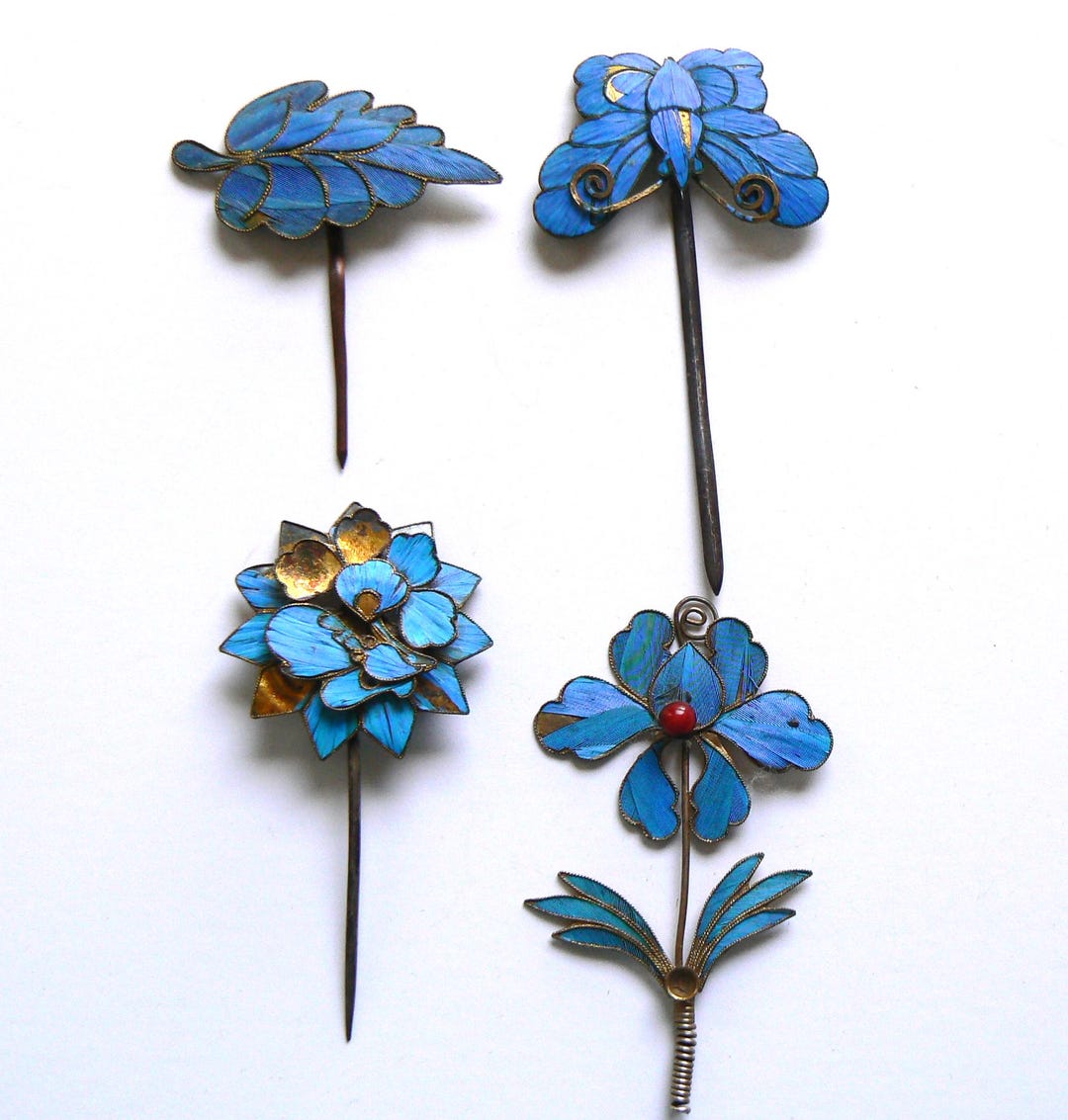 中国　清朝　カワセミ　羽根　ヘアピン　かんざし　アンティーク 清朝のカワセミの羽のヘアピン中国のアンティークヴィンテージ天津點翠