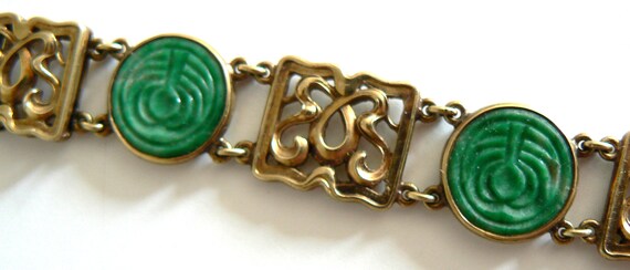 Art Deco french 14KT Gold Natural Jade Bracelet A… - image 1