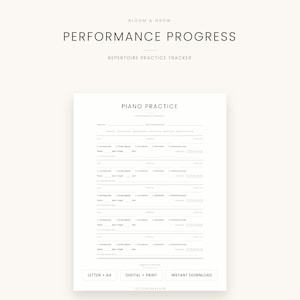 Peut inclure: Une feuille de suivi de pratique du piano blanche avec du texte noir intitulée Performance Progress. La mise en page comprend des sections pour le morceau, le compositeur, le tempo et des cases à cocher pour les notes, mains ensemble et mémorisation.