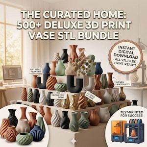 Pode incluir: Uma coleção digital de mais de 500 arquivos STL de vasos para impressão 3D intitulada The Curated Home. A imagem exibe numerosos vasos de várias formas, cores e texturas, incluindo designs geométricos, canelados e em forma de U, com uma impressora 3D.