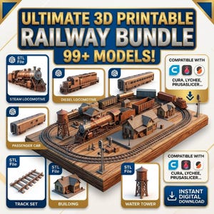 Pode incluir: Um pacote digital de mais de 99 modelos ferroviários imprimíveis em 3D, incluindo locomotivas a vapor e a diesel, carruagens de passageiros, carris, edifícios e torres de água, compatíveis com Cura, Lychee e PrusaSlicer para download.