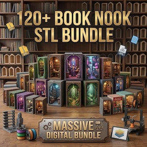 Może przedstawiać: Kolekcja ponad 120 plików STL typu book nook do druku 3D, przedstawionych jako miniaturowe dioramy o różnorodnej tematyce, w tym fantasy, leśnej i miejskiej. Obraz zawiera tekst 120+ BOOK NOOK STL BUNDLE oraz MASSIVE DIGITAL BUNDLE.