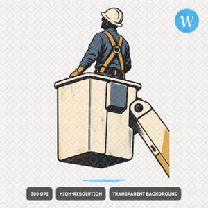May include: A digital illustration of a worker wearing a white hard hat, blue long-sleeved shirt, and yellow safety harness, standing inside a beige aerial lift bucket. The bucket is attached to a mechanical arm. A blue circle with a white W is visible.