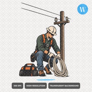 May include: A graphic illustration of a utility worker wearing a white hard hat, green shirt, and orange safety harness, kneeling by a wooden utility pole while holding a coil of rope. A black and orange tool bag sits on the ground nearby.
