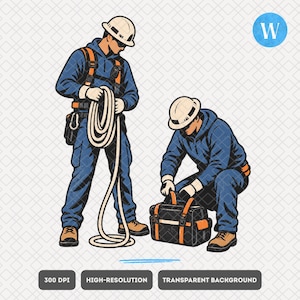 May include: A graphic illustration of two construction workers wearing blue uniforms, safety harnesses, and white hard hats. One worker stands holding a coiled white rope, while the other kneels and opens a black and orange tool bag on the ground.