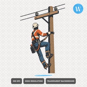 Puede incluir: Una ilustración digital de un trabajador eléctrico con casco blanco, chaqueta naranja de alta visibilidad y pantalones azules, trepando un poste de madera con líneas eléctricas y aisladores, equipado con cinturón de herramientas y arnés.