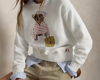 Polo Ralph Lauren Bear Sweater Pull streetwear de luxe fait main pour femmes ||  Pull à col rond