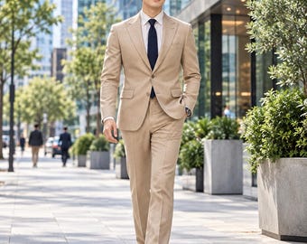 Traje de dos piezas para hombre en rizo de rayón color beige, chaqueta y pantalón a medida, ropa formal moderna.