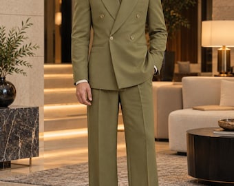 Men’s Olive Green TR Double Breasted 2 Piece Suit, 70s Inspired Retro Blazer and Trousers, House Of Selwyn Studio