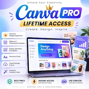 Op de afbeelding: Een digitale afbeelding die levenslange toegang tot Canva Pro promoot. De tekst luidt Unlock Your Creativity, Canva Pro, Lifetime Access, Create, Design, Inspire. Een laptop toont de Canva-interface, omringd door pictogrammen en voorbeelden.