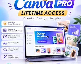 Acceso de por vida a Canva Pro / Invitación de equipo / Herramientas de diseño con IA / Entrega instantánea / Más de 400.000 plantillas