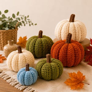 Peut inclure: Une collection de six citrouilles au crochet de différentes tailles et couleurs, notamment crème, vert olive, orange brûlé et bleu clair. Chaque citrouille présente une texture côtelée et une petite tige au crochet marron foncé au sommet.