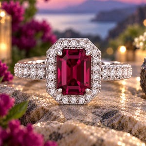 Pode incluir: Um anel com uma grande pedra preciosa vermelho-escura de corte esmeralda retangular, montada numa banda de metal prateado. A pedra central é rodeada por um halo de pequenas pedras brancas redondas e claras ao longo da banda.