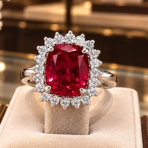 Puede incluir: Un anillo con una gran piedra preciosa roja de corte cojín como pieza central, rodeada por un halo de pequeños diamantes blancos redondos y claros engastados en una banda de metal plateado, exhibido en un soporte de joyería de terciopelo beige.