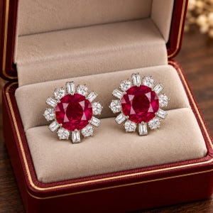 May include: A pair of stud earrings featuring a large round-cut red gemstone at the center, surrounded by a halo of alternating round and baguette-cut clear white stones set in a silver-toned metal, presented inside a red jewelry box.