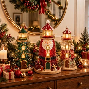May include: Three decorative lighthouse figurines with internal lighting. The left is green and tree-shaped, the centre is red and Santa-themed, and the right is patterned with a stocking. Each sits on a wooden base with festive holiday details.