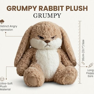 May include: A tan and white plush rabbit toy with a grumpy facial expression, long floppy ears, and soft textured fur. The toy measures 35 cm (13.7 inches) in height. Text on the image reads: GRUMPY RABBIT PLUSH, GRUMPY, Distinct Angry Expression, Size, Long Floppy Ears, Ultra-Soft Plush Material.