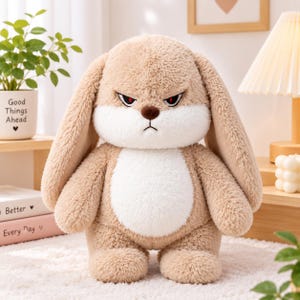 May include: A plush stuffed animal in the shape of a rabbit with tan fur and a white belly and muzzle. The rabbit has long, floppy ears, a small brown nose, and narrow, angry-looking eyes with red irises and black pupils, giving it a stern expression.
