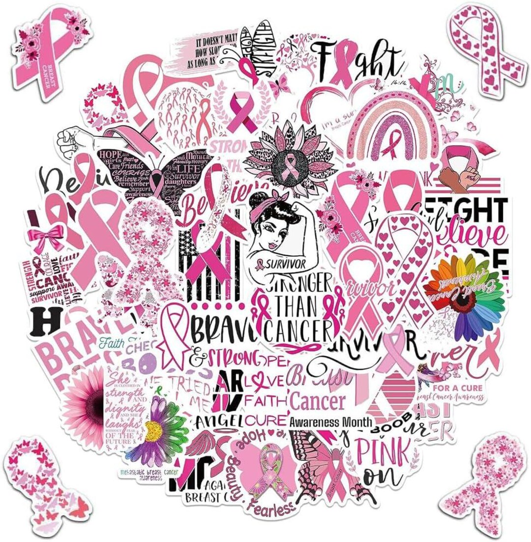 Sticker For Raffle 50 PCS Breast Cancer Awareness Stickers, Waterproof Pink Ribbon Vinyl ...