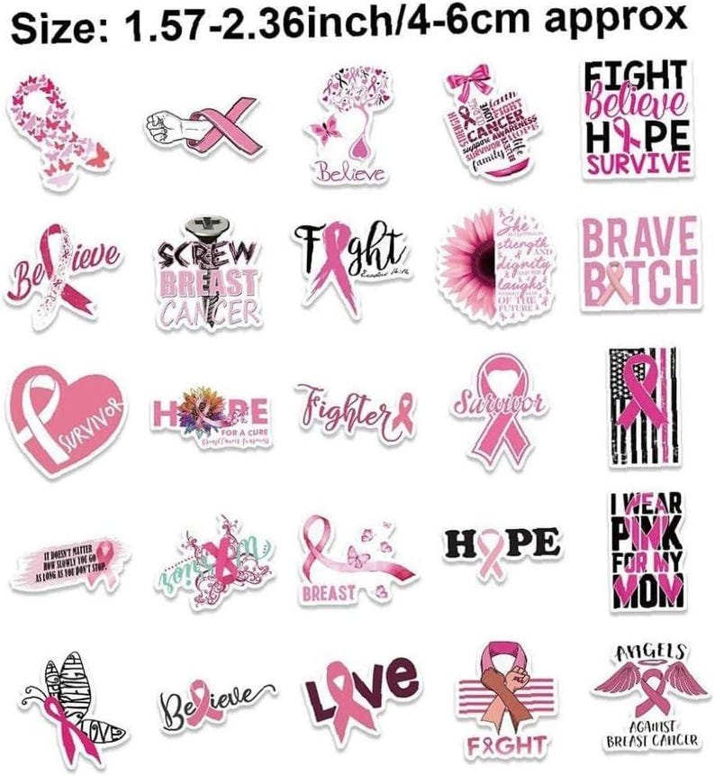 Sticker For Raffle 50 PCS Breast Cancer Awareness Stickers, Waterproof Pink Ribbon Vinyl ...
