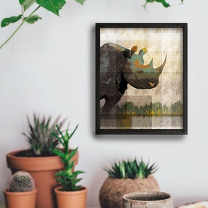 Rhinoceros Art, Rhino Print , Animal Print Art, Wildlife Art, Illustration Print, Giclee Print, Mixed Media, Travel Poster
