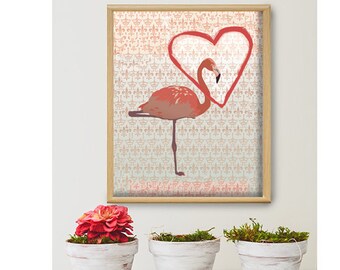 May include: A framed print of a pink flamingo standing on one leg inside a red heart on a patterned background.
