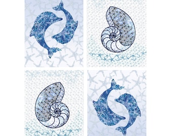 Nautical Art Prints, SET of 4 Prints, Modern Nautical, Sea Life, Beach House Decor, Bathroom Decor, Nautical Nursery