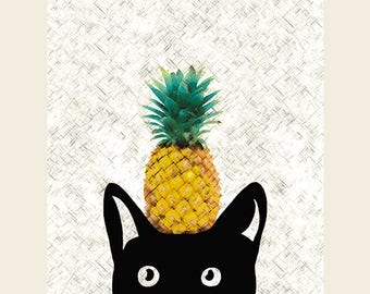 Pineapple Print, Cat Print, Ananas Print, Black Cat Art, Tropical Summer Home Decor, Cool Posters, Modern Decor 8x10in