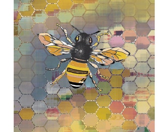 Bee Art Print, Honeycomb & Bee Art Poster, Geometric Art, Honey Bee Charm / 8X10 inches