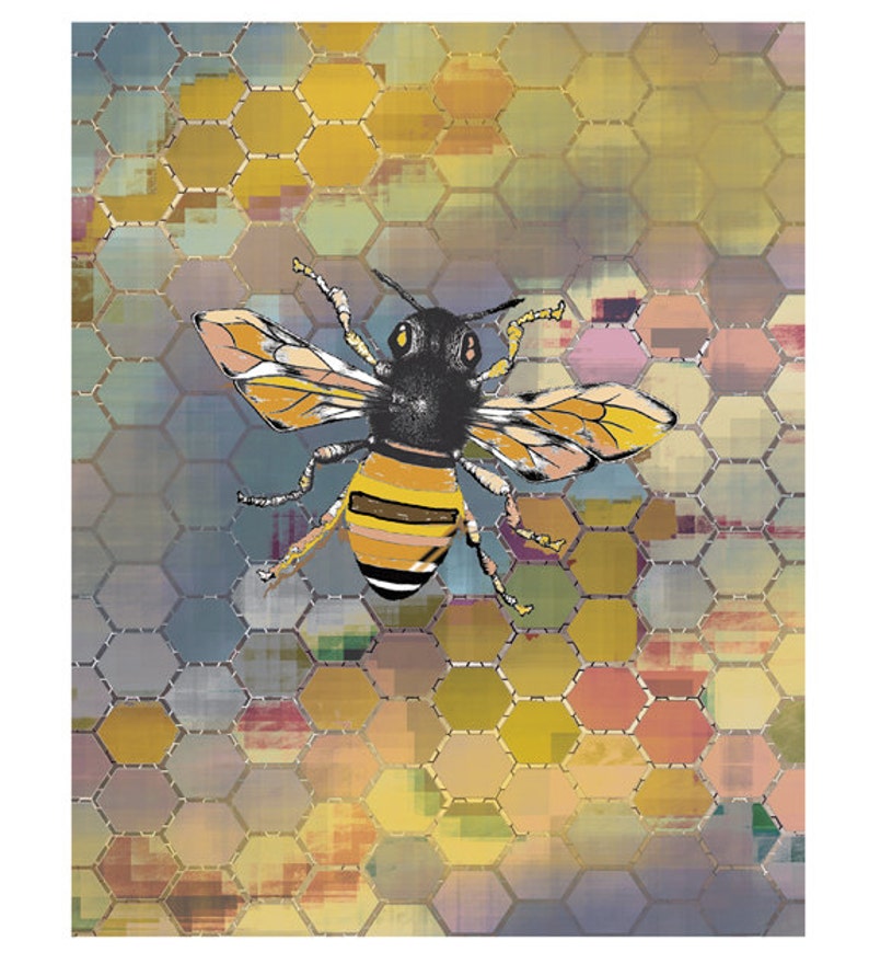 Bee Art Print, Honeycomb & Bee Art Poster, Geometric Art, Honey Bee Charm / 8X10 inches image 1