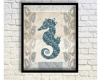 Seahorse Print Art, Nautical Bath Art, Nautical Wall Decor, Seahorse Decor, Sea Art, Animal Art