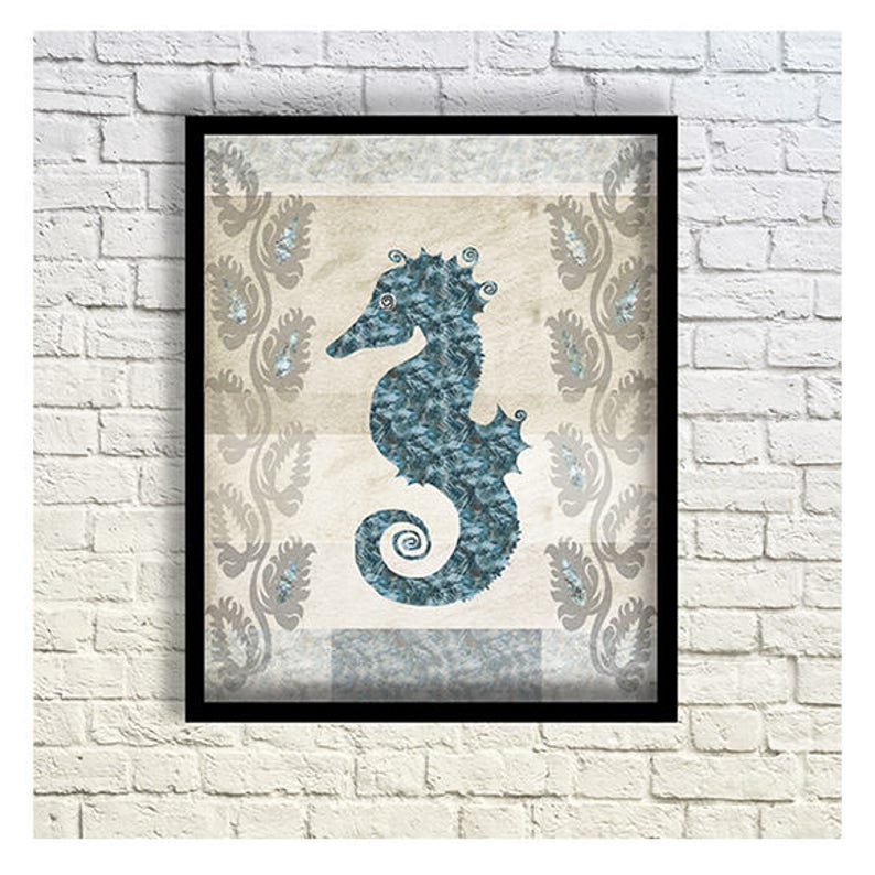 Seahorse Print Art Nautical Bath Art Nautical Wall Decor Etsy