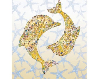 Dolphin Art Print / Illustration Mixed Media Digital Art / 8x10inches / Original Art Print with Dolphins / yellow & blue