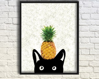 Pineapple Print, Cat Art Print, Tropical Wall Print, Modern Home Decor, Cool Poster 8x10in