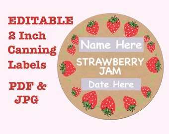 EDITABLE PRINTABLE 2" Kraft Canning Labels, Strawberry Jam,Hang Tags, Downloadable, Printable, DIY, Mason Jar Stickers