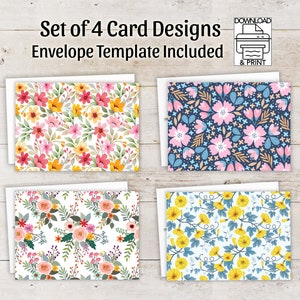PRINTABLE SET of 4 Notecards,Envelope Templates included,Printable Notecards,Folded Cards,Flower Cards,Floral Cards,Downloadable Card