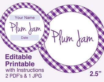 EDITABLE PRINTABLE Plum Jam 2.5 inch~Canning Labels, Hang Tags, Mason Jars, Lids, Downloadable, DIY, Gift Giving Label, Toppers, Preserves