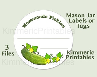 Printable HOMEMADE PICKLES Canning Labels, Hang Tags, Mason Jars, Lids, Downloadable, DIY, Clip Art